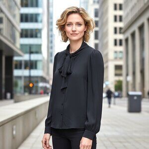 Calvin Klein Black Tie-Neck Blouse Top Size Large Classic Career Workwear